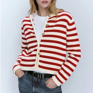 MASSIMO DUTTI Stripped Knit Cardigan with Buttons - Red, White - Small